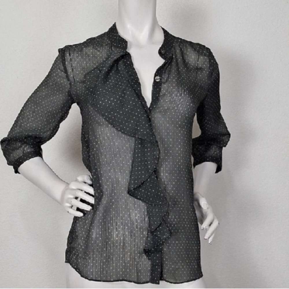 Banana Republic Gray & White Polka Dot Sheer Whimsigoth Ruffle Blouse Size XS